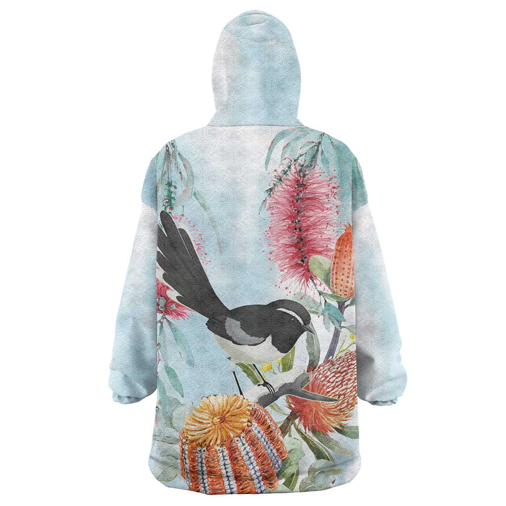 Willie wagtail Australia Wearable Blanket Hoodie Banksia Bottlebrushes Watercolor Stylized - Vibe Hoodie