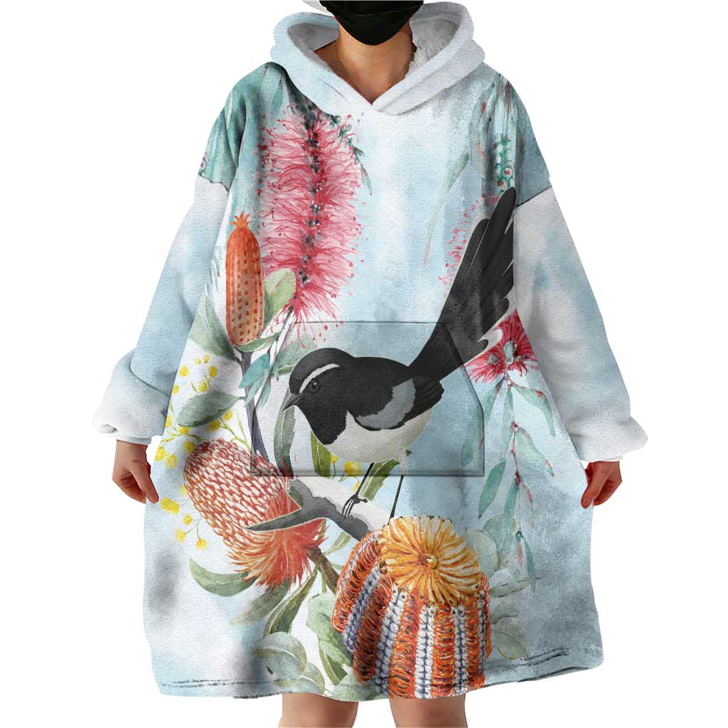 Willie wagtail Australia Wearable Blanket Hoodie Banksia Bottlebrushes Watercolor Stylized - Vibe Hoodie