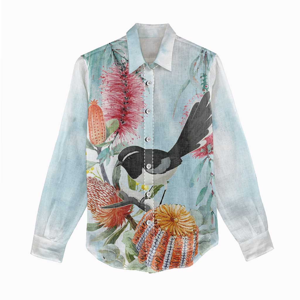 Willie wagtail Australia Women Casual Shirt Banksia Bottlebrushes Watercolor Stylized - Vibe Hoodie