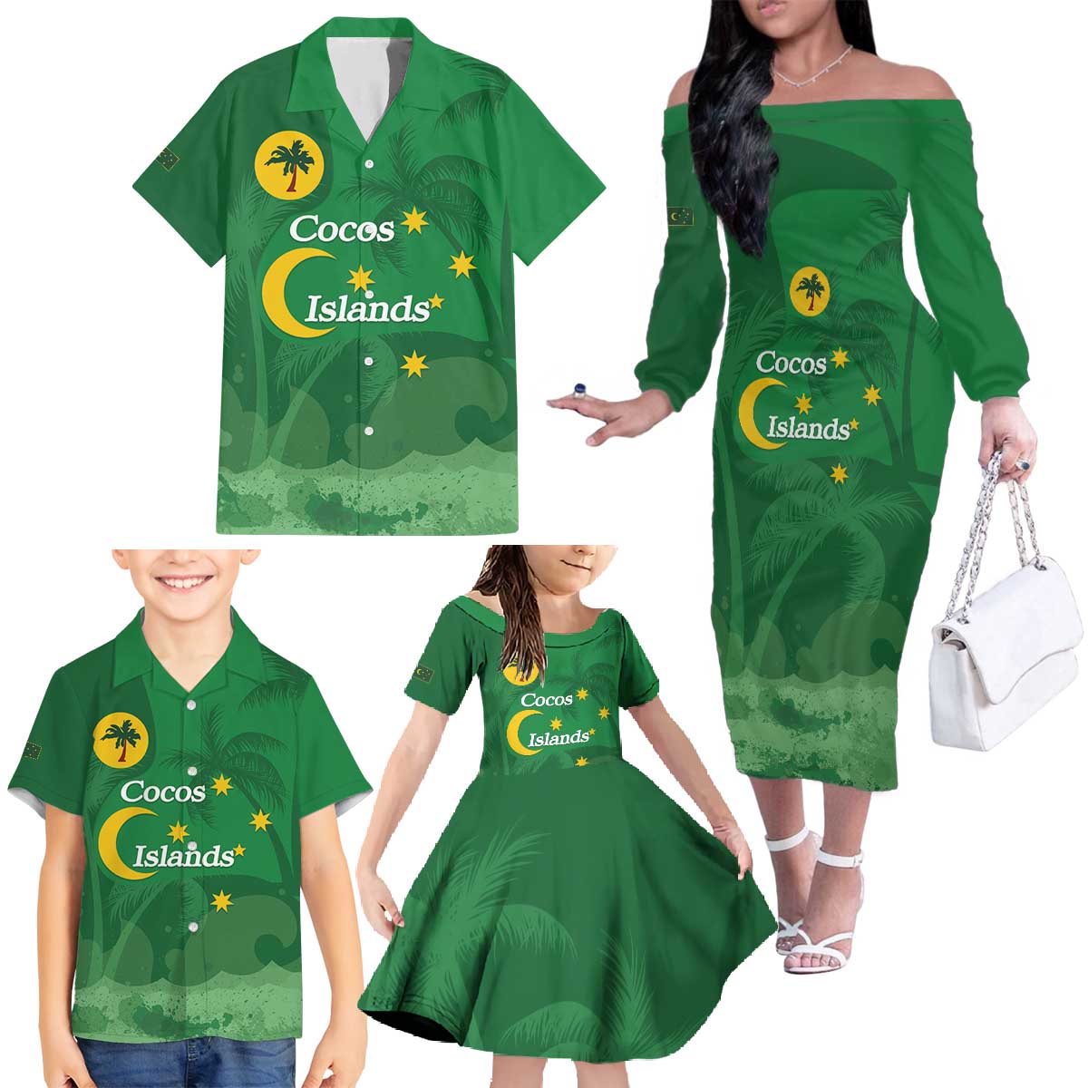 Australia Cocos Keeling Islands Family Matching Off The Shoulder Long Sleeve Dress and Hawaiian Shirt Southern Cross Palm Tree Pattern - Vibe Hoodie