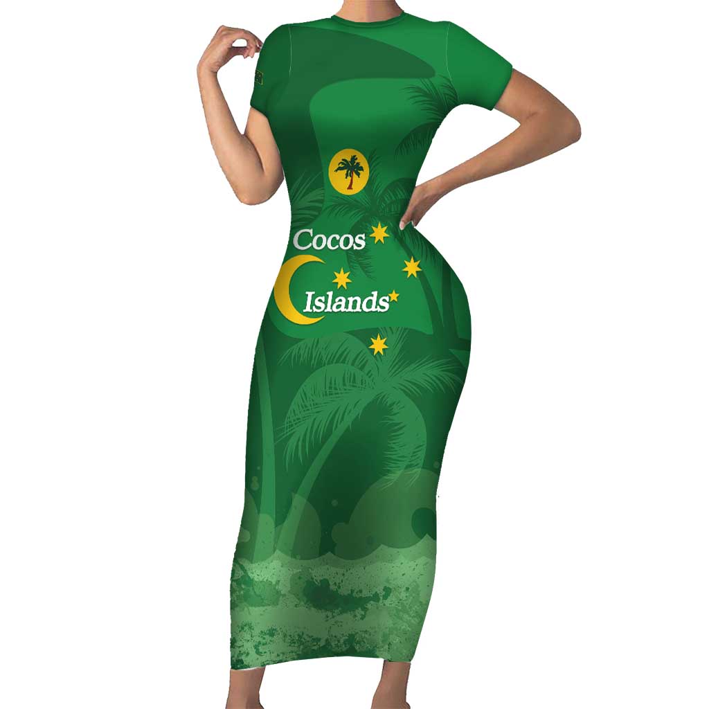 Australia Cocos Keeling Islands Short Sleeve Bodycon Dress Southern Cross Palm Tree Pattern - Vibe Hoodie