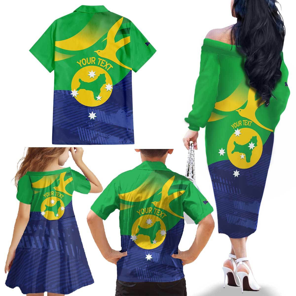 Personalised Australia Christmas Island Family Matching Off The Shoulder Long Sleeve Dress and Hawaiian Shirt Wilayah Pulau Krismas Flag Color - Vibe Hoodie