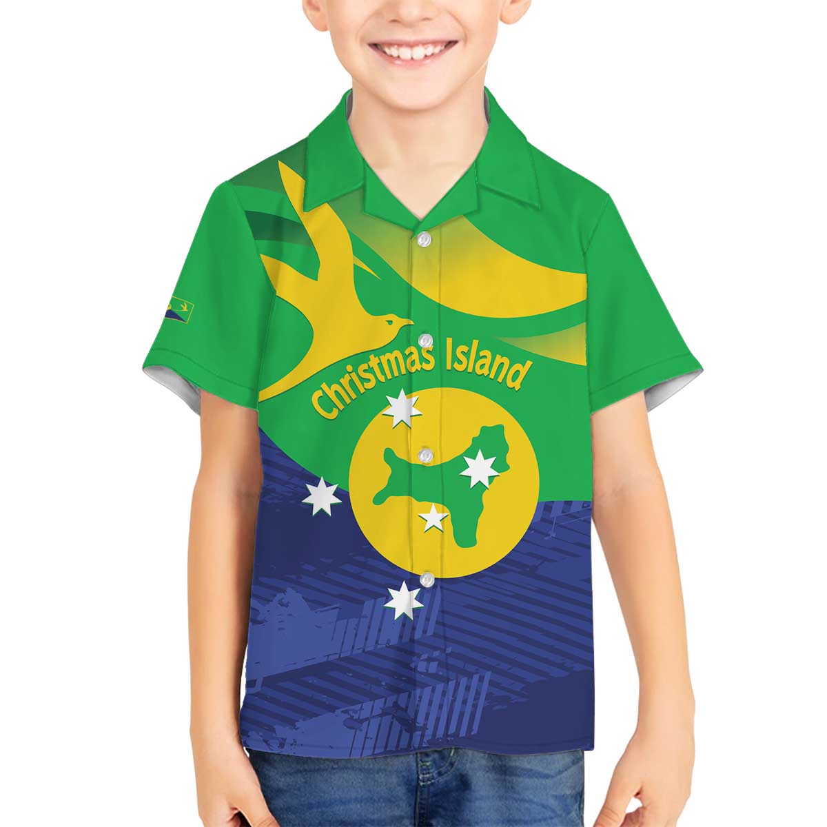 Personalised Australia Christmas Island Family Matching Off The Shoulder Long Sleeve Dress and Hawaiian Shirt Wilayah Pulau Krismas Flag Color - Vibe Hoodie