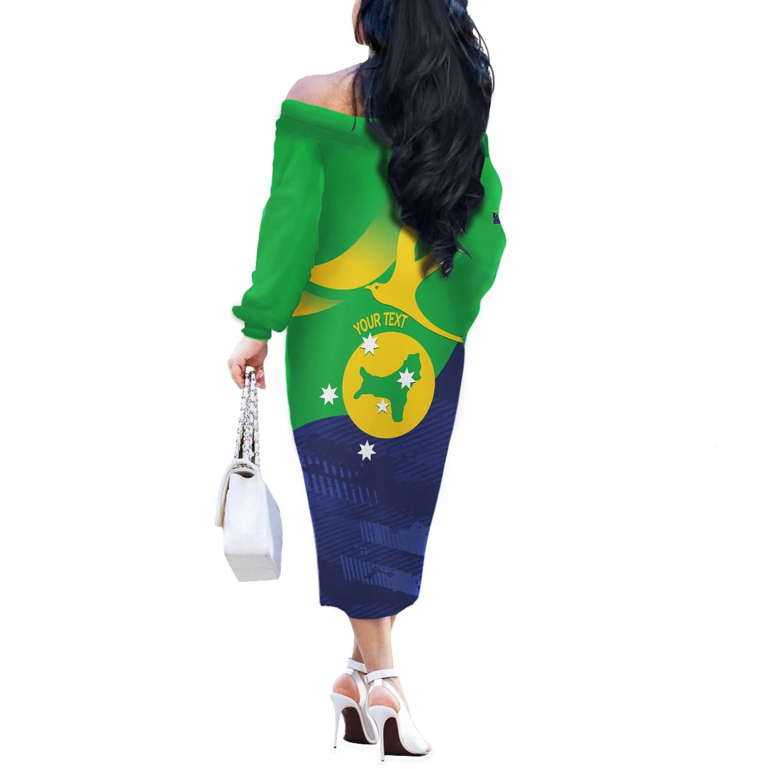 Personalised Australia Christmas Island Off The Shoulder Long Sleeve Dress Wilayah Pulau Krismas Flag Color - Vibe Hoodie