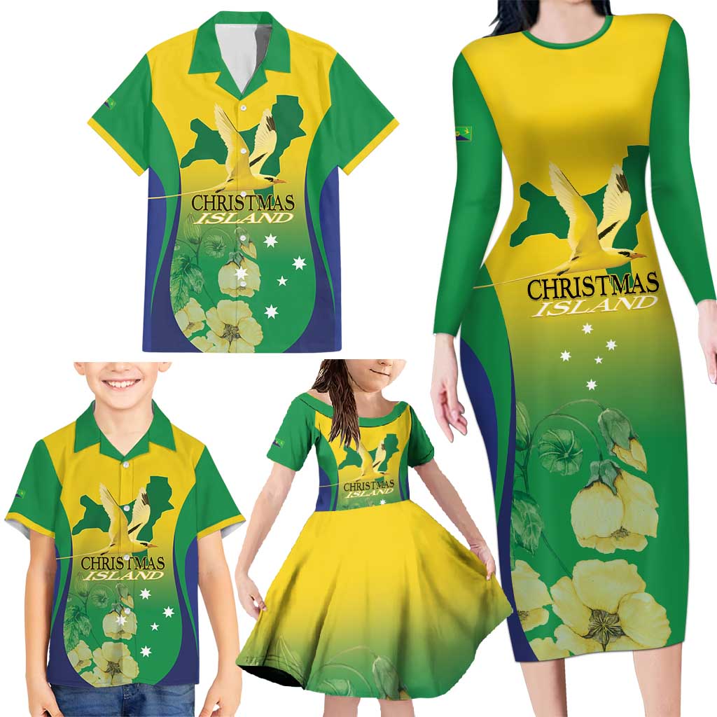 Personalised Australia Christmas Island Family Matching Long Sleeve Bodycon Dress and Hawaiian Shirt Golden Bosun Abutilon listeri With Map - Vibe Hoodie