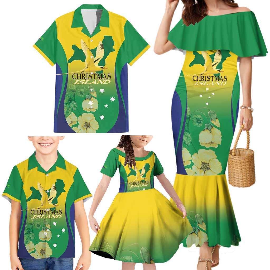 Personalised Australia Christmas Island Family Matching Mermaid Dress and Hawaiian Shirt Golden Bosun Abutilon listeri With Map - Vibe Hoodie