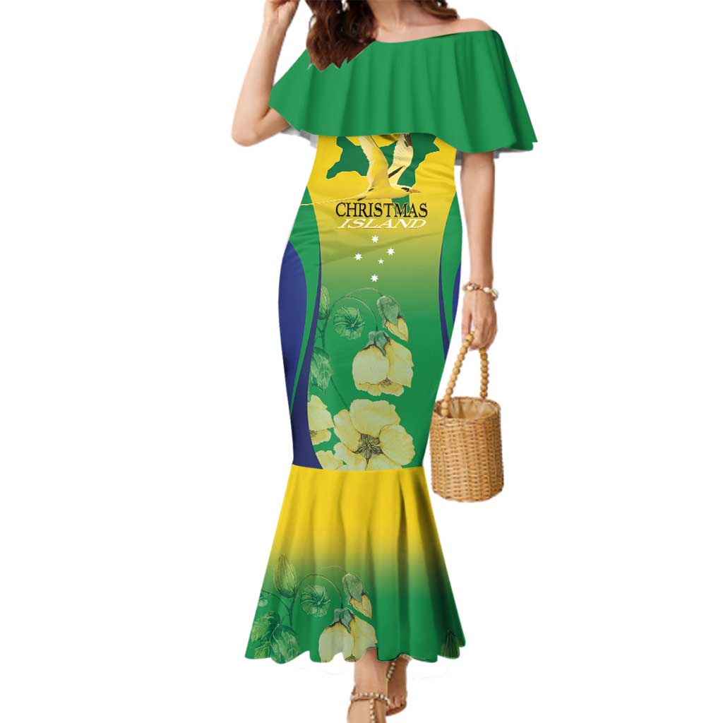 Personalised Australia Christmas Island Family Matching Mermaid Dress and Hawaiian Shirt Golden Bosun Abutilon listeri With Map - Vibe Hoodie