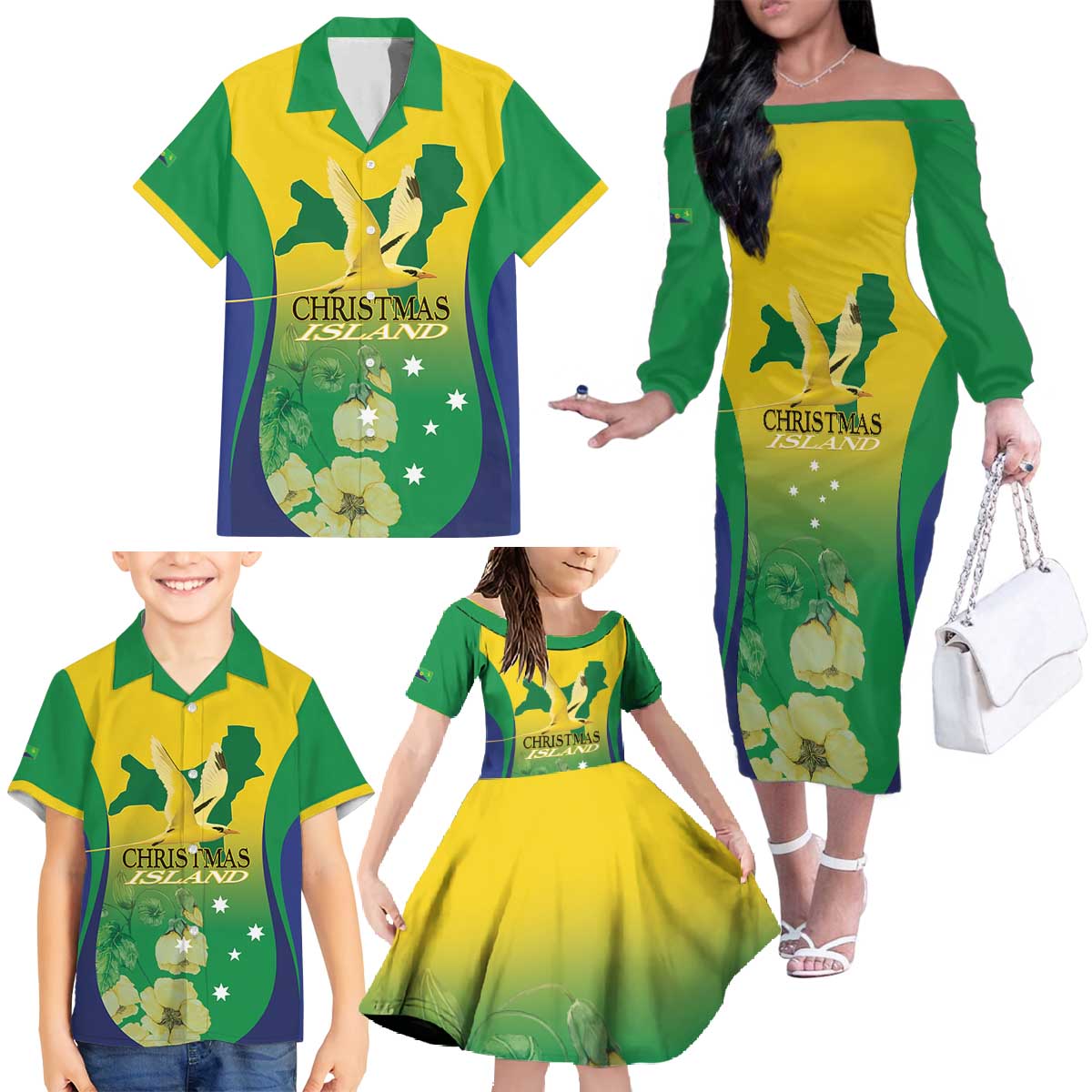 Personalised Australia Christmas Island Family Matching Off The Shoulder Long Sleeve Dress and Hawaiian Shirt Golden Bosun Abutilon listeri With Map - Vibe Hoodie