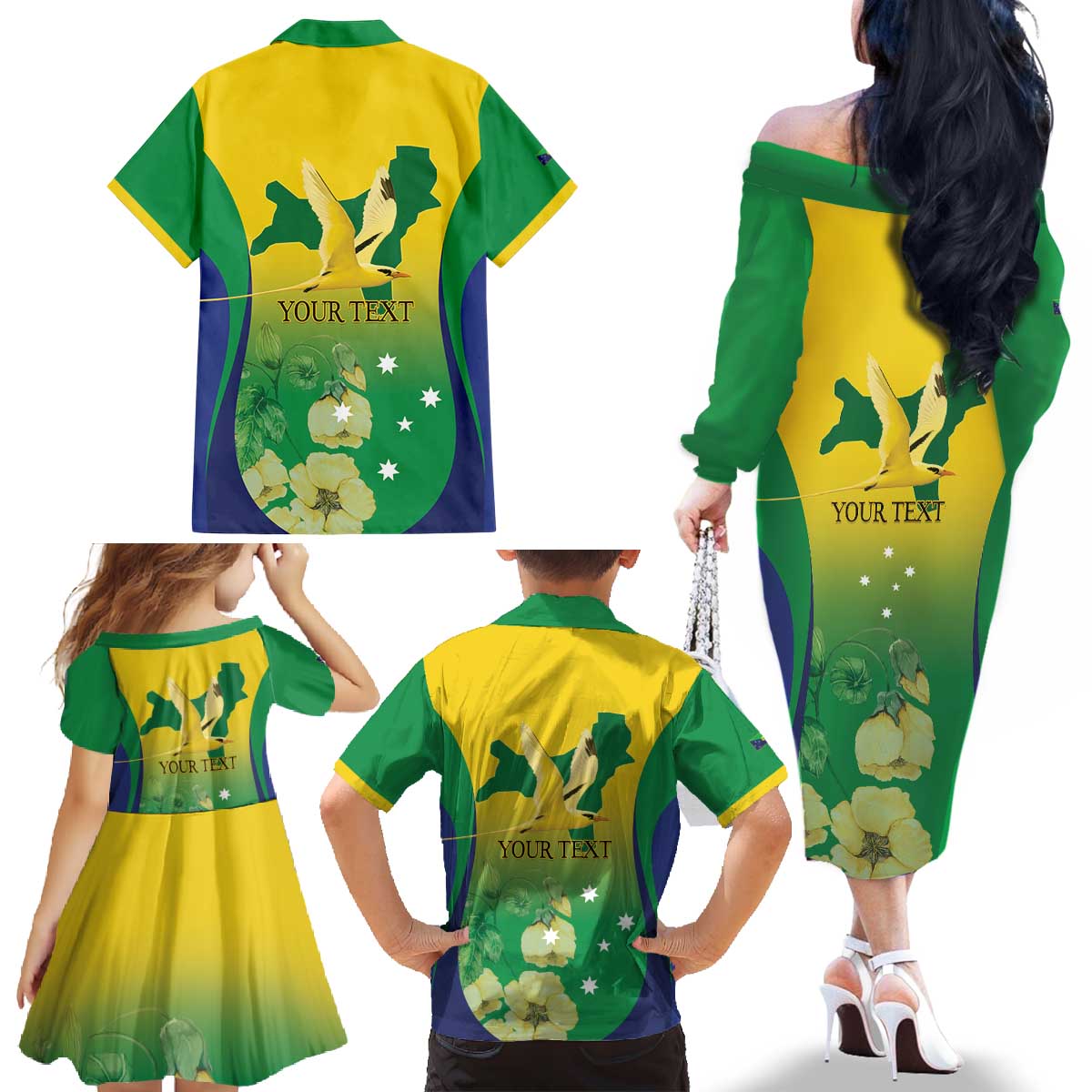 Personalised Australia Christmas Island Family Matching Off The Shoulder Long Sleeve Dress and Hawaiian Shirt Golden Bosun Abutilon listeri With Map - Vibe Hoodie