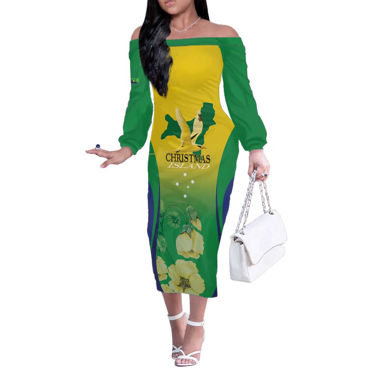 Personalised Australia Christmas Island Family Matching Off The Shoulder Long Sleeve Dress and Hawaiian Shirt Golden Bosun Abutilon listeri With Map - Vibe Hoodie