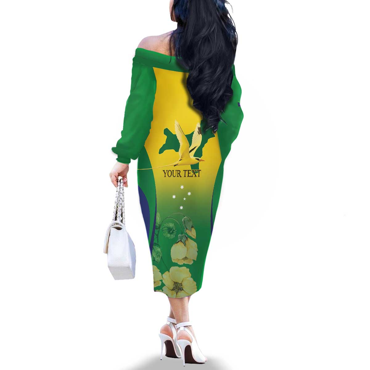 Personalised Australia Christmas Island Family Matching Off The Shoulder Long Sleeve Dress and Hawaiian Shirt Golden Bosun Abutilon listeri With Map - Vibe Hoodie