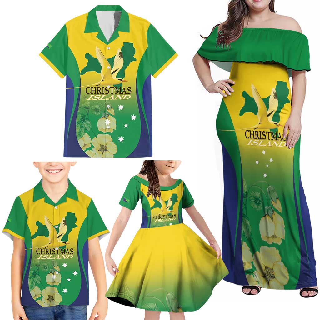 Personalised Australia Christmas Island Family Matching Off Shoulder Maxi Dress and Hawaiian Shirt Golden Bosun Abutilon listeri With Map - Vibe Hoodie