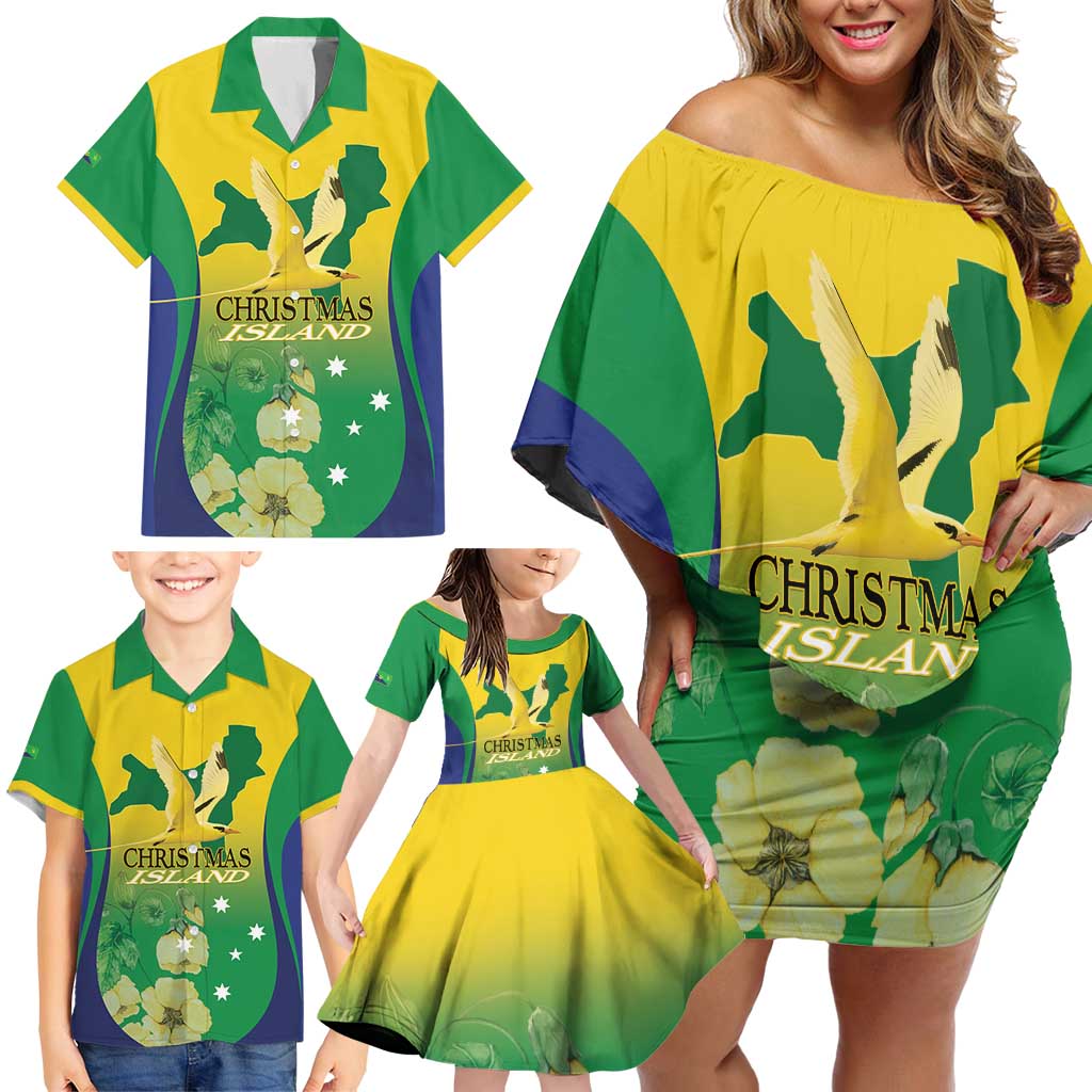Personalised Australia Christmas Island Family Matching Off Shoulder Short Dress and Hawaiian Shirt Golden Bosun Abutilon listeri With Map - Vibe Hoodie