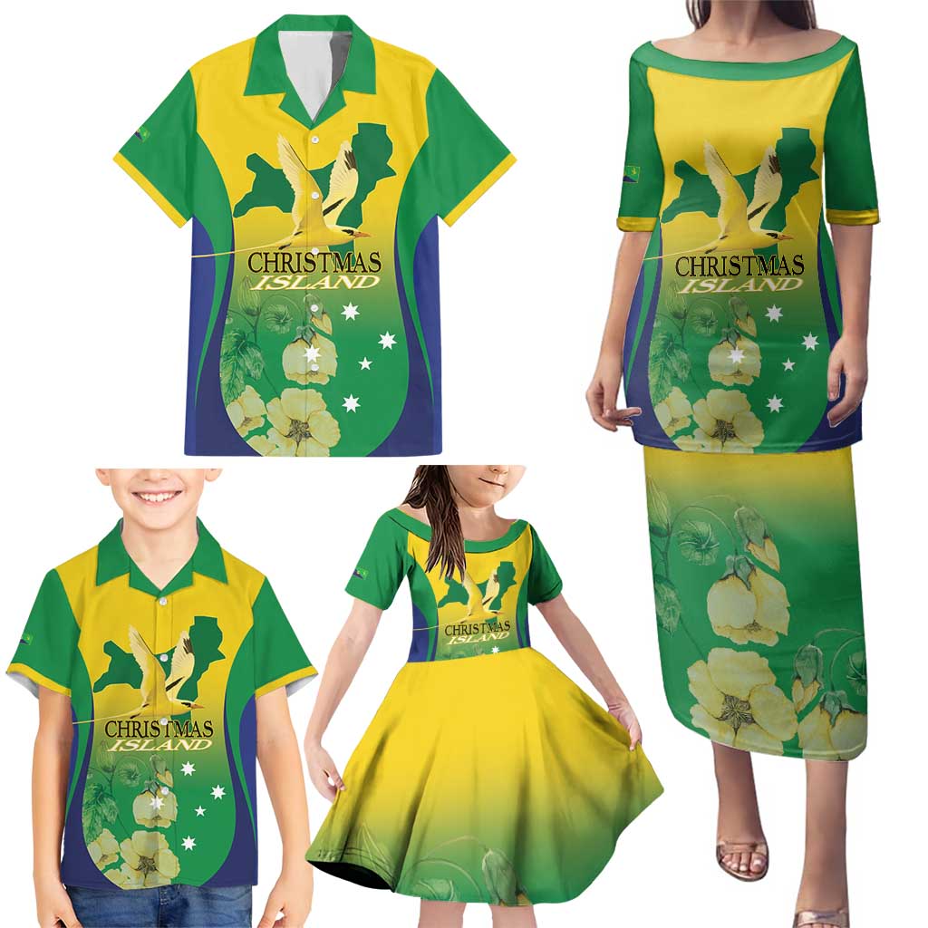Personalised Australia Christmas Island Family Matching Puletasi and Hawaiian Shirt Golden Bosun Abutilon listeri With Map - Vibe Hoodie