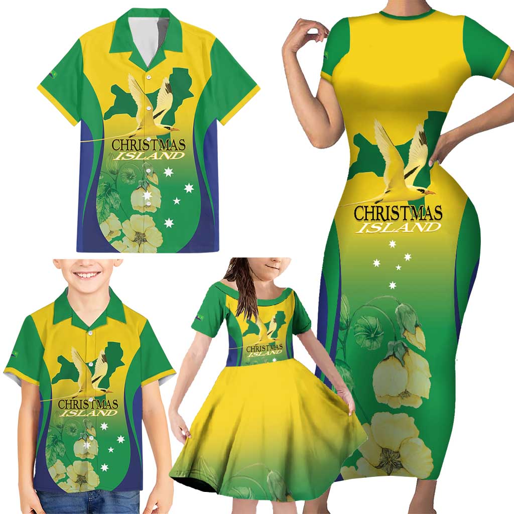 Personalised Australia Christmas Island Family Matching Short Sleeve Bodycon Dress and Hawaiian Shirt Golden Bosun Abutilon listeri With Map - Vibe Hoodie