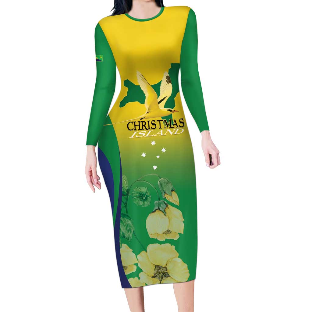 Personalised Australia Christmas Island Long Sleeve Bodycon Dress Golden Bosun Abutilon listeri With Map - Vibe Hoodie