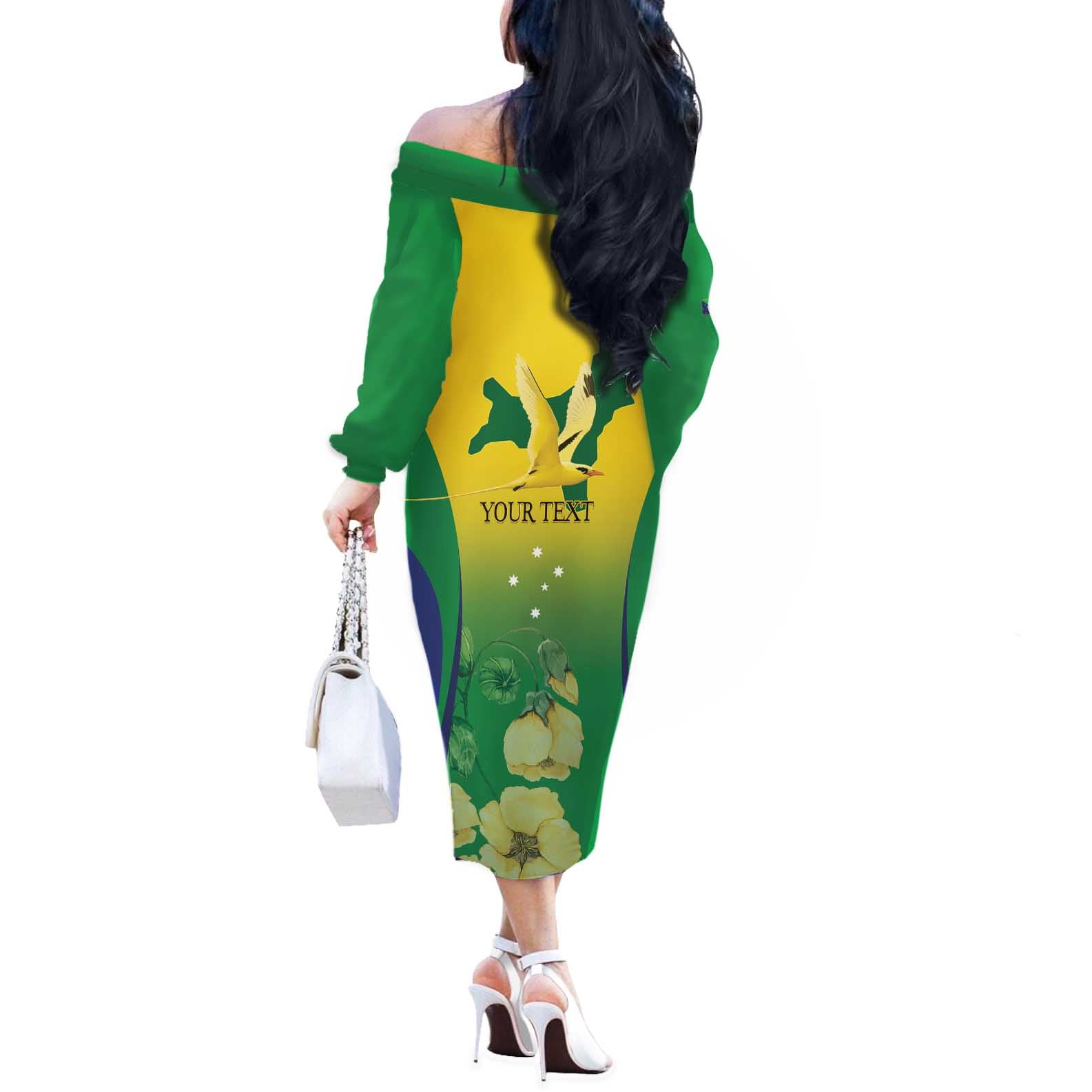 Personalised Australia Christmas Island Off The Shoulder Long Sleeve Dress Golden Bosun Abutilon listeri With Map - Vibe Hoodie