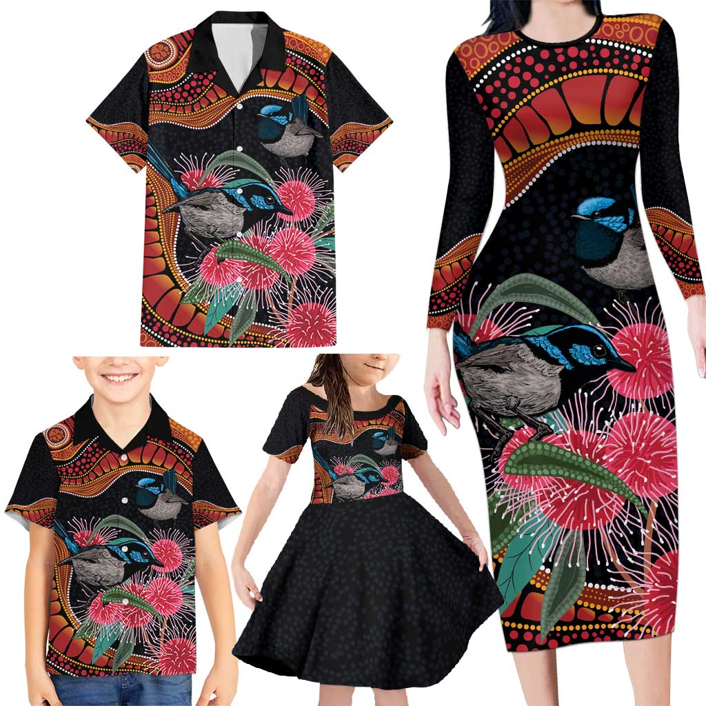 Hakea Flower And Fairy Wren Australia Family Matching Long Sleeve Bodycon Dress and Hawaiian Shirt Aboriginal Art
