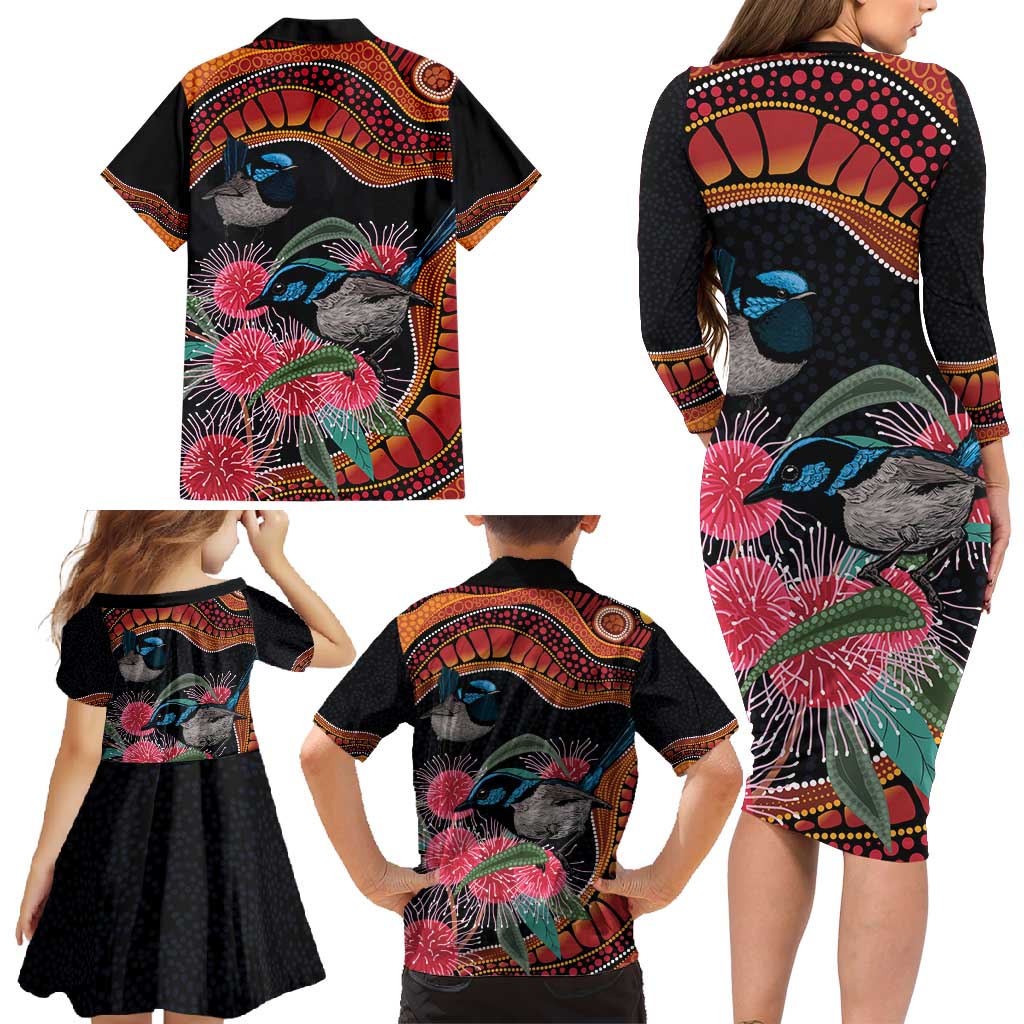 Hakea Flower And Fairy Wren Australia Family Matching Long Sleeve Bodycon Dress and Hawaiian Shirt Aboriginal Art