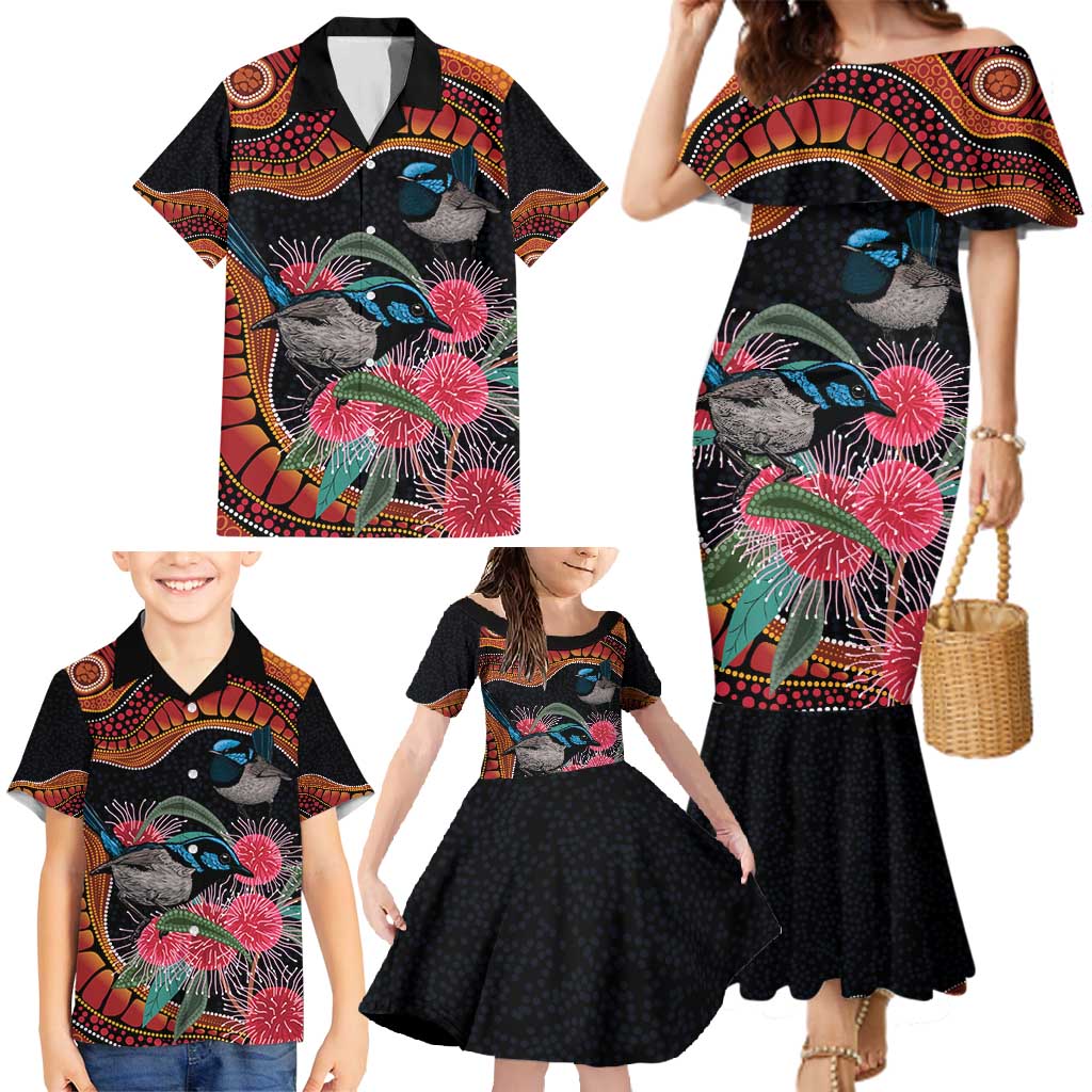 Hakea Flower And Fairy Wren Australia Family Matching Mermaid Dress and Hawaiian Shirt Aboriginal Art