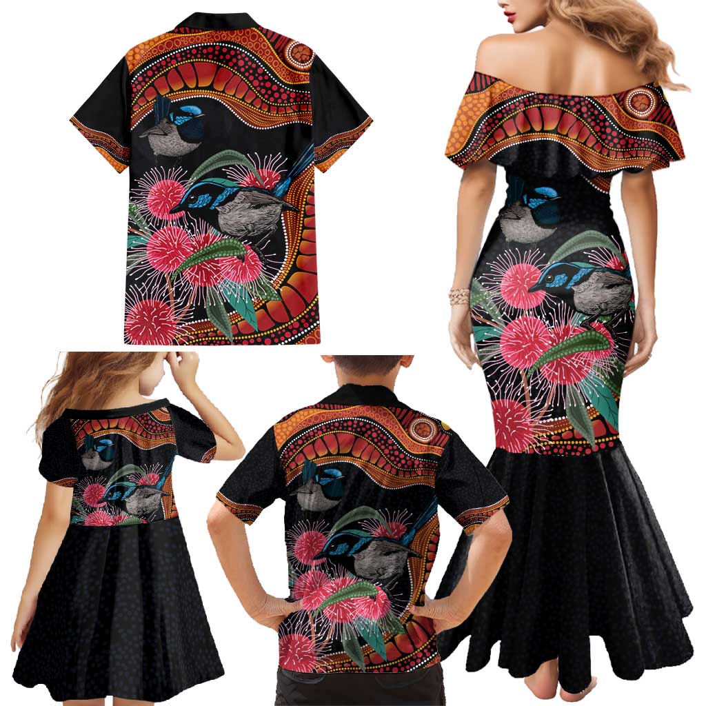 Hakea Flower And Fairy Wren Australia Family Matching Mermaid Dress and Hawaiian Shirt Aboriginal Art