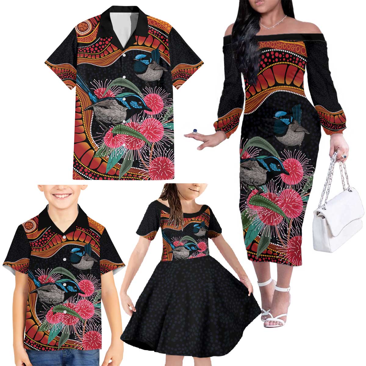 Hakea Flower And Fairy Wren Australia Family Matching Off The Shoulder Long Sleeve Dress and Hawaiian Shirt Aboriginal Art