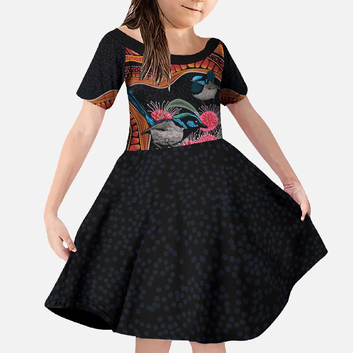 Hakea Flower And Fairy Wren Australia Family Matching Off The Shoulder Long Sleeve Dress and Hawaiian Shirt Aboriginal Art