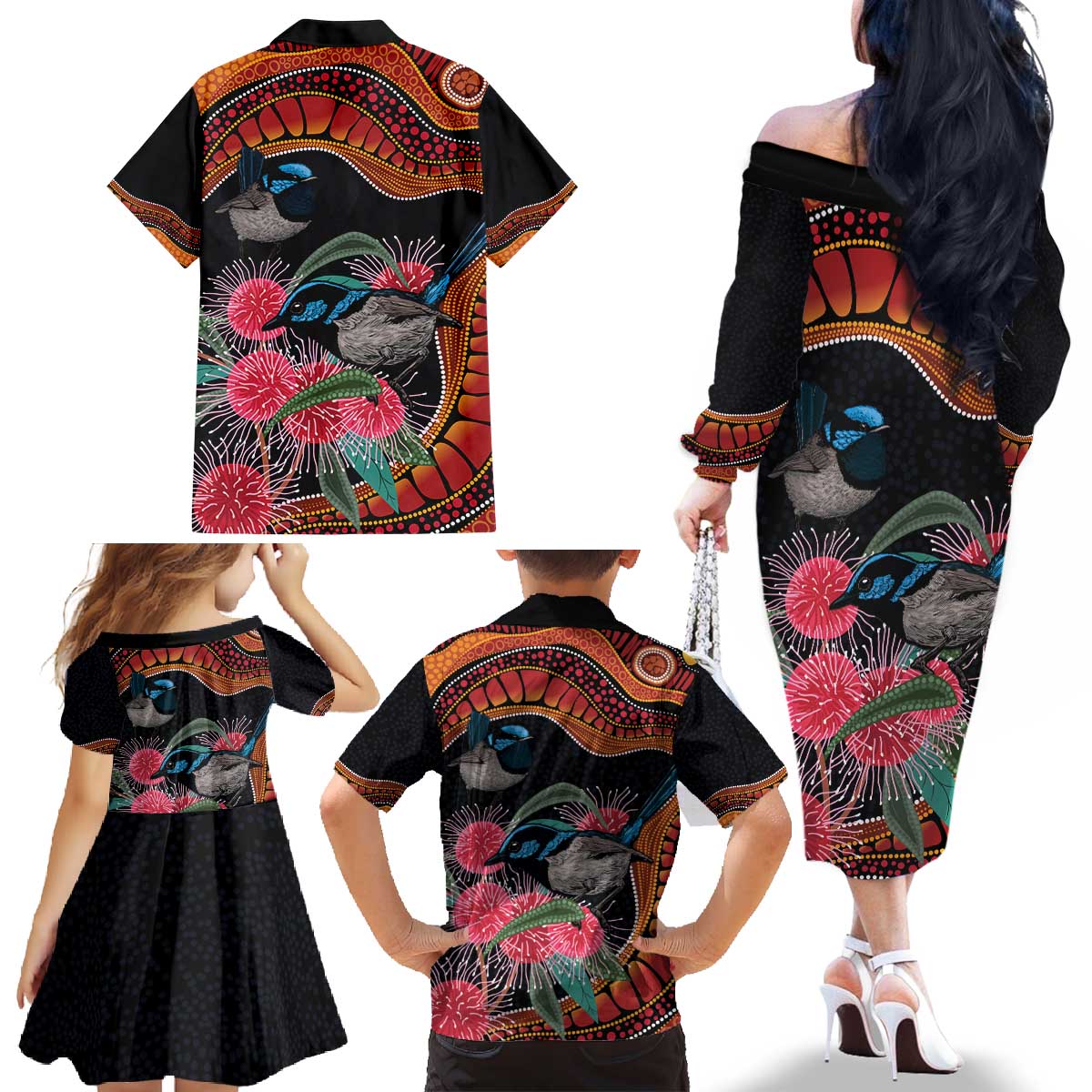 Hakea Flower And Fairy Wren Australia Family Matching Off The Shoulder Long Sleeve Dress and Hawaiian Shirt Aboriginal Art