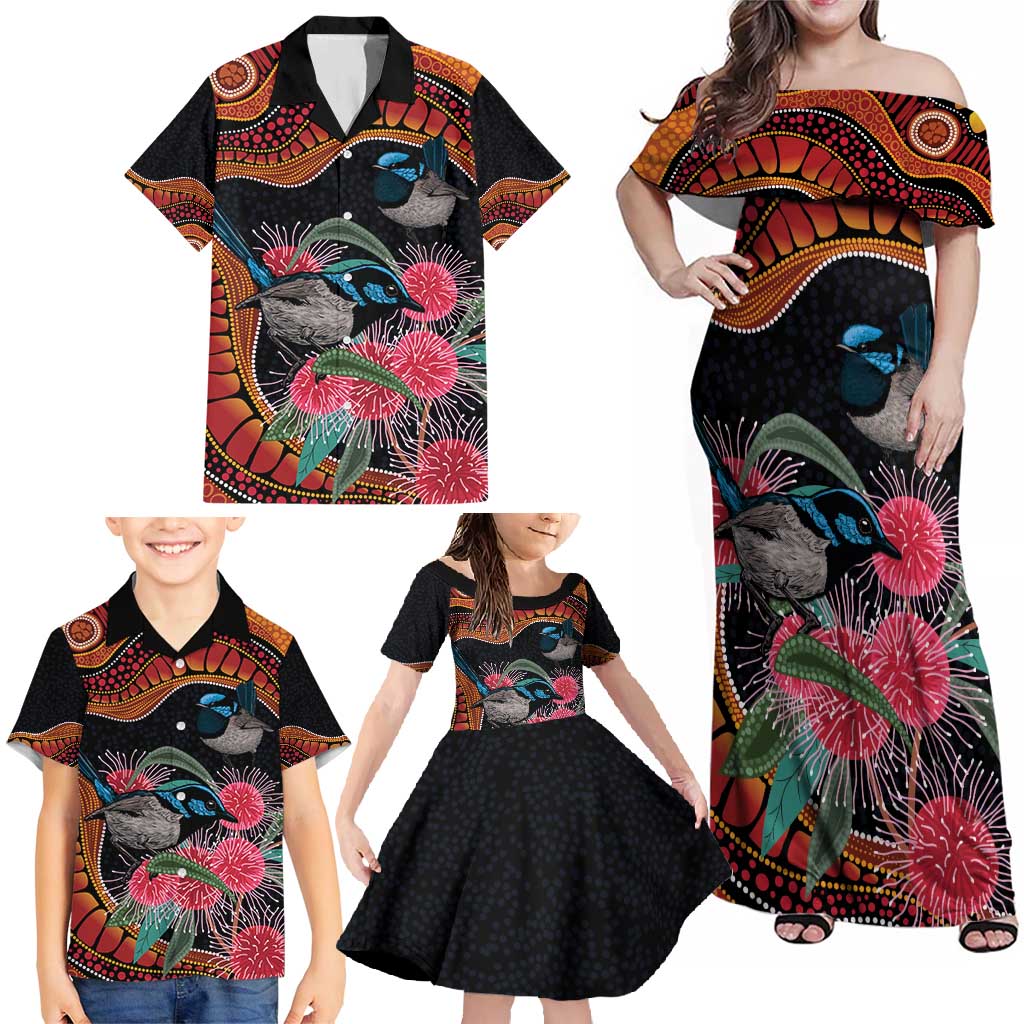 Hakea Flower And Fairy Wren Australia Family Matching Off Shoulder Maxi Dress and Hawaiian Shirt Aboriginal Art