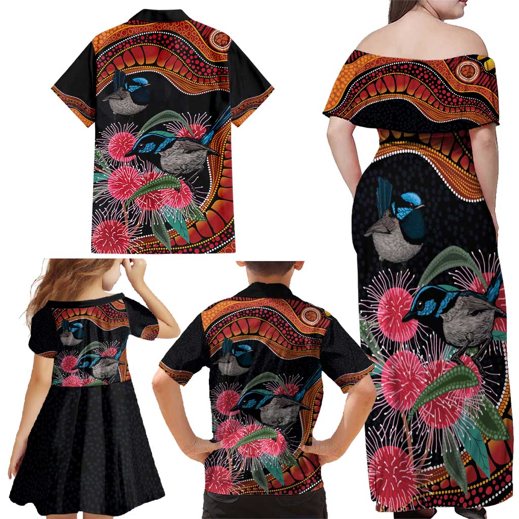 Hakea Flower And Fairy Wren Australia Family Matching Off Shoulder Maxi Dress and Hawaiian Shirt Aboriginal Art