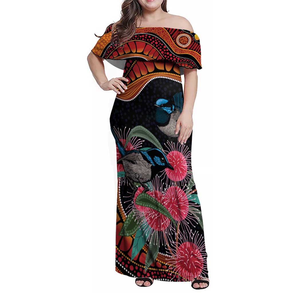 Hakea Flower And Fairy Wren Australia Family Matching Off Shoulder Maxi Dress and Hawaiian Shirt Aboriginal Art