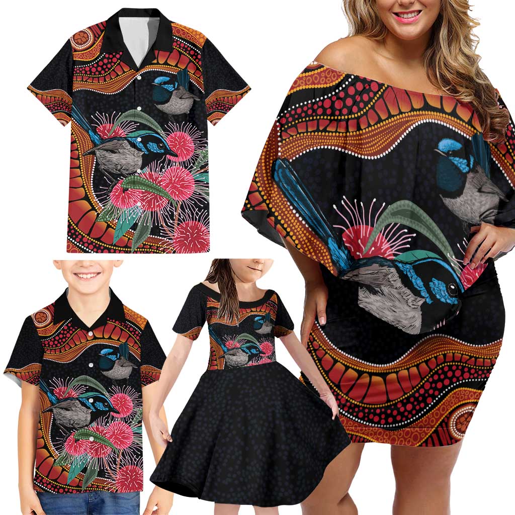 Hakea Flower And Fairy Wren Australia Family Matching Off Shoulder Short Dress and Hawaiian Shirt Aboriginal Art