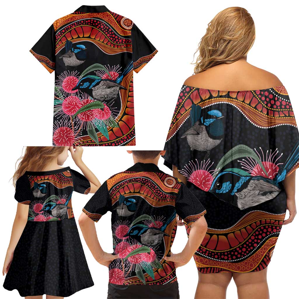 Hakea Flower And Fairy Wren Australia Family Matching Off Shoulder Short Dress and Hawaiian Shirt Aboriginal Art