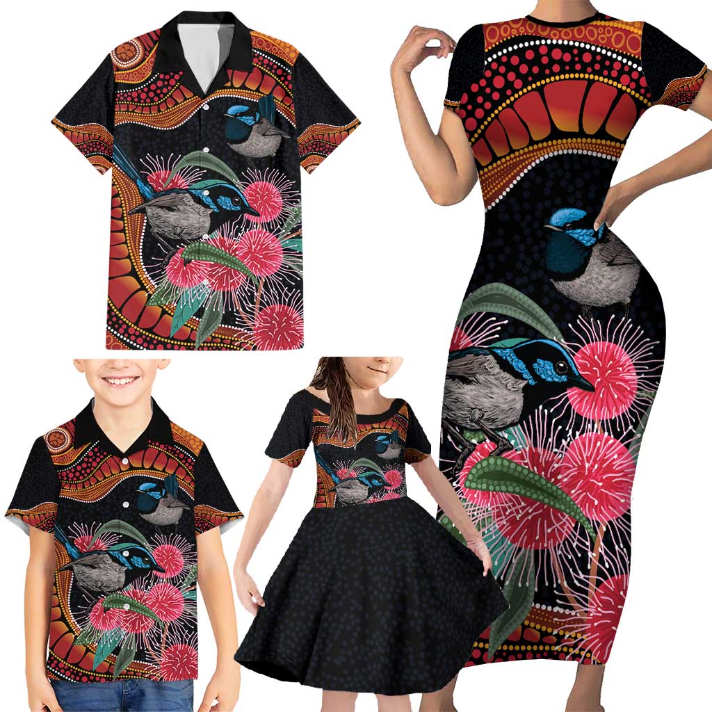 Hakea Flower And Fairy Wren Australia Family Matching Short Sleeve Bodycon Dress and Hawaiian Shirt Aboriginal Art