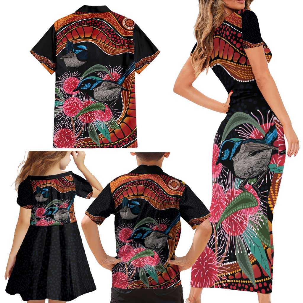 Hakea Flower And Fairy Wren Australia Family Matching Short Sleeve Bodycon Dress and Hawaiian Shirt Aboriginal Art
