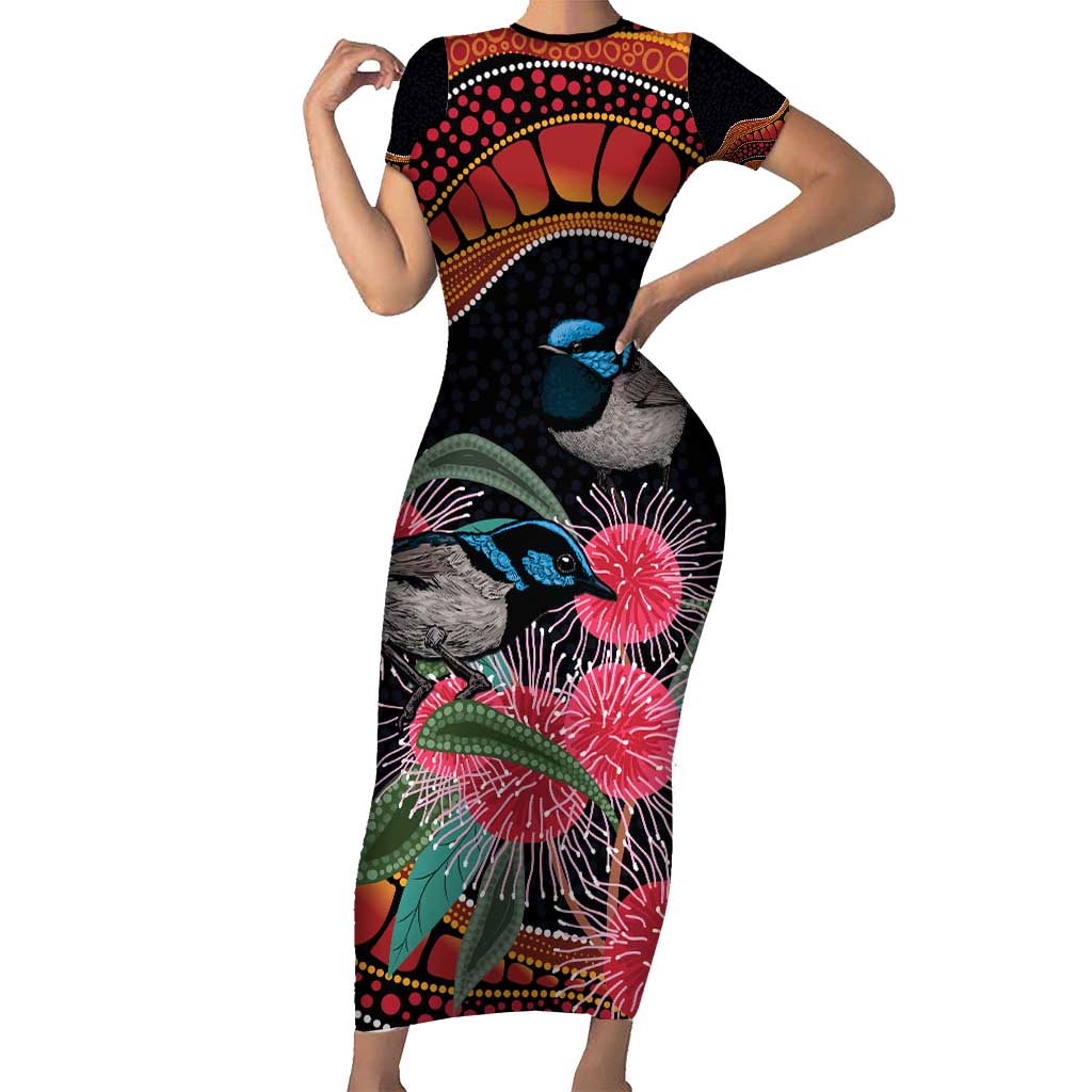 Hakea Flower And Fairy Wren Australia Family Matching Short Sleeve Bodycon Dress and Hawaiian Shirt Aboriginal Art