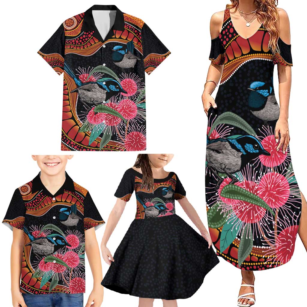 Hakea Flower And Fairy Wren Australia Family Matching Summer Maxi Dress and Hawaiian Shirt Aboriginal Art