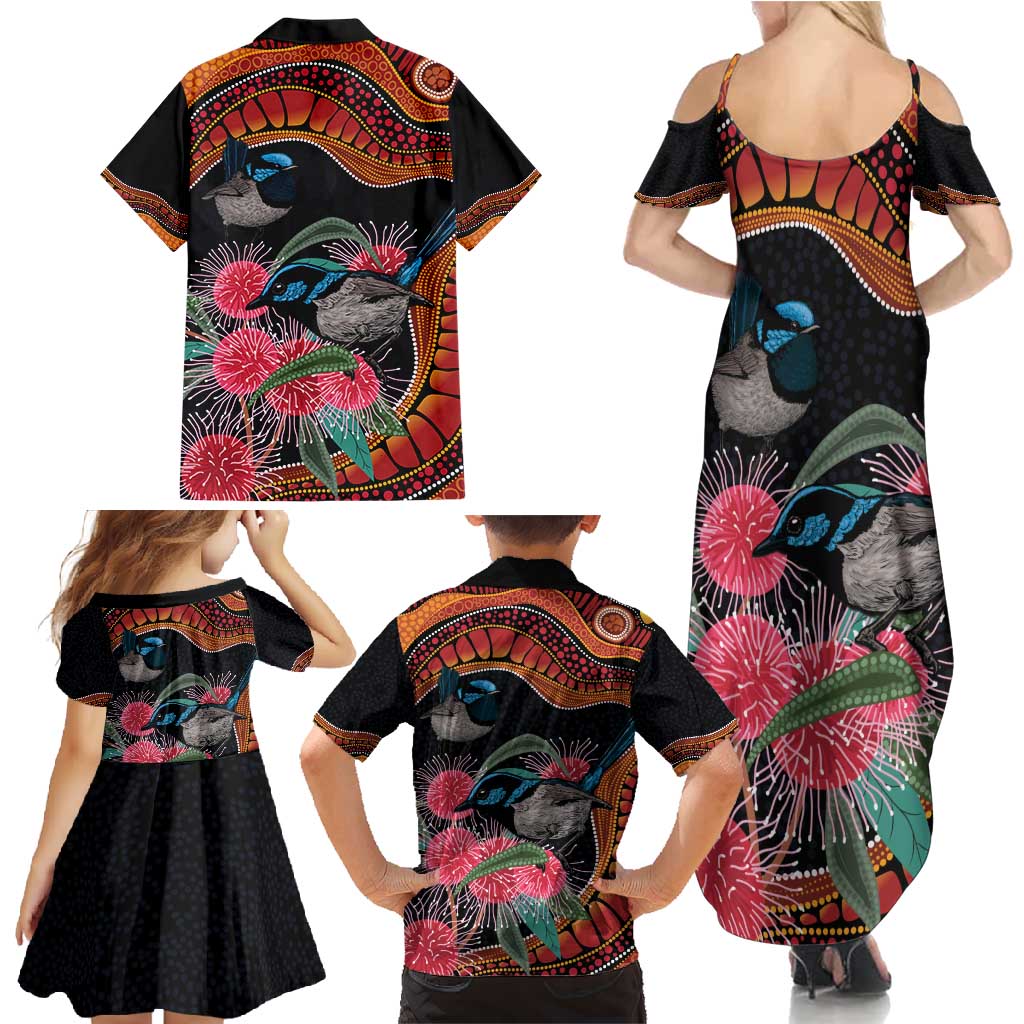 Hakea Flower And Fairy Wren Australia Family Matching Summer Maxi Dress and Hawaiian Shirt Aboriginal Art
