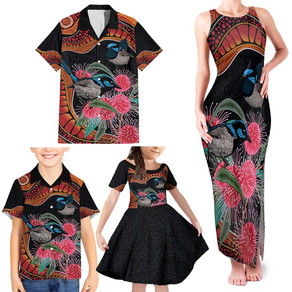 Hakea Flower And Fairy Wren Australia Family Matching Tank Maxi Dress and Hawaiian Shirt Aboriginal Art