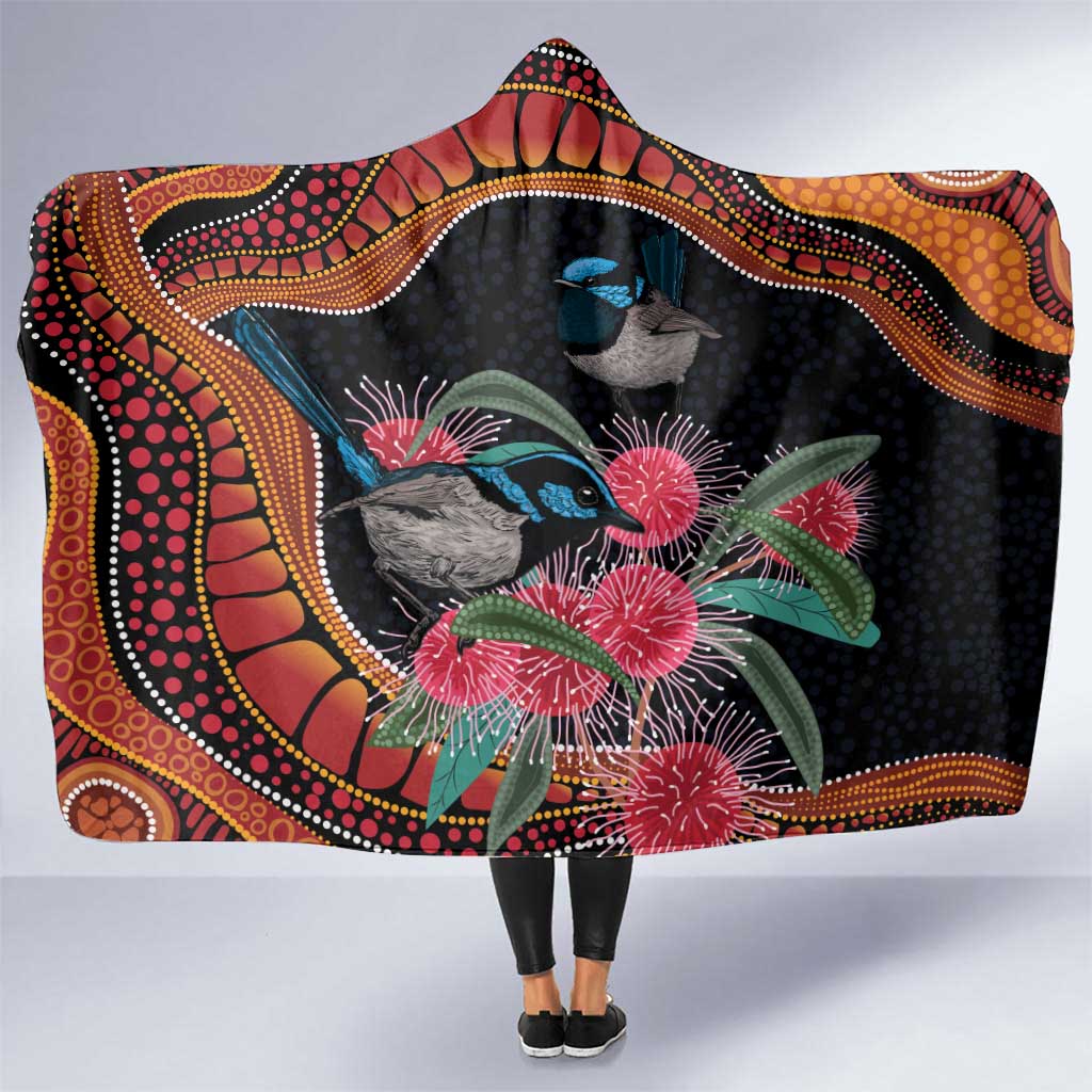 Hakea Flower And Fairy Wren Australia Hooded Blanket Aboriginal Art
