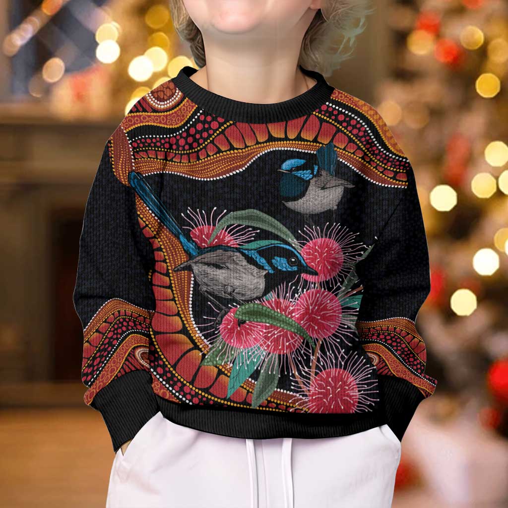 Hakea Flower And Fairy Wren Australia Kid Ugly Christmas Sweater Aboriginal Art