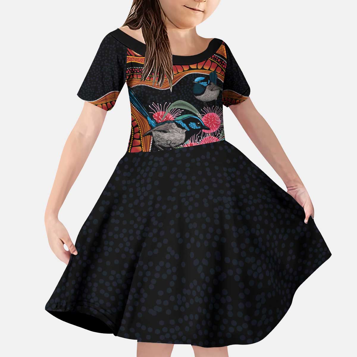 Hakea Flower And Fairy Wren Australia Kid Short Sleeve Dress Aboriginal Art - Vibe Hoodie Shop