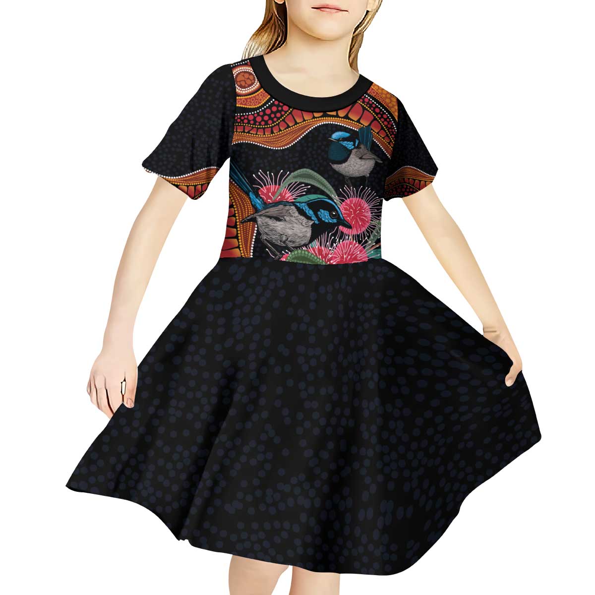 Hakea Flower And Fairy Wren Australia Kid Short Sleeve Dress Aboriginal Art - Vibe Hoodie Shop