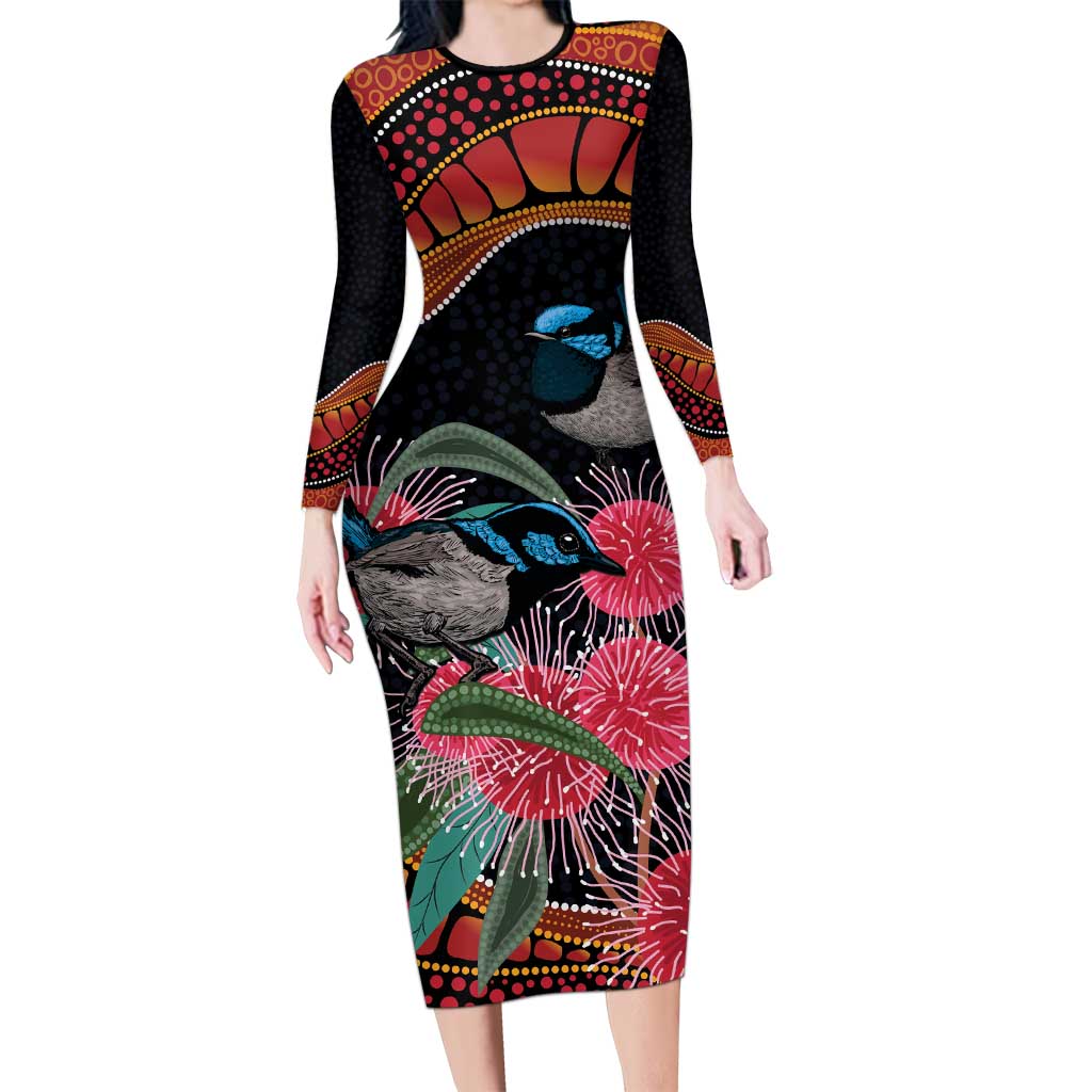 Hakea Flower And Fairy Wren Australia Long Sleeve Bodycon Dress Aboriginal Art