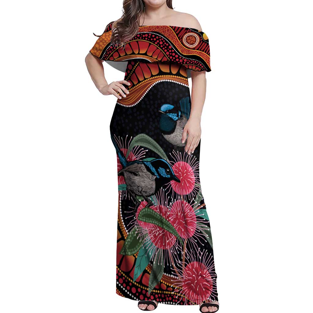 Hakea Flower And Fairy Wren Australia Off Shoulder Maxi Dress Aboriginal Art