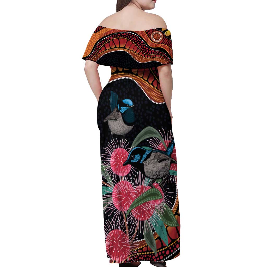 Hakea Flower And Fairy Wren Australia Off Shoulder Maxi Dress Aboriginal Art