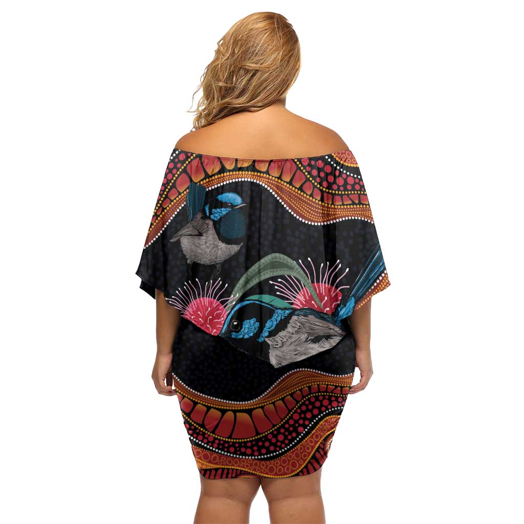 Hakea Flower And Fairy Wren Australia Off Shoulder Short Dress Aboriginal Art
