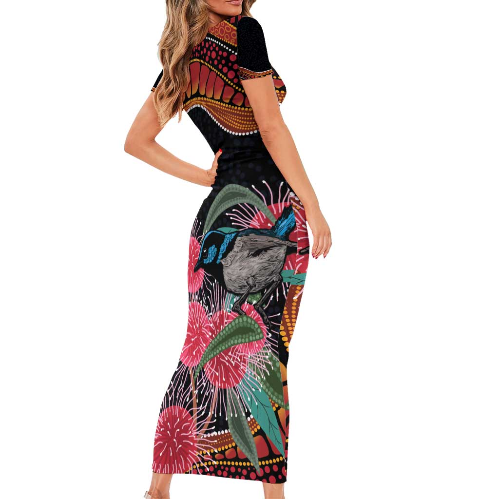 Hakea Flower And Fairy Wren Australia Short Sleeve Bodycon Dress Aboriginal Art