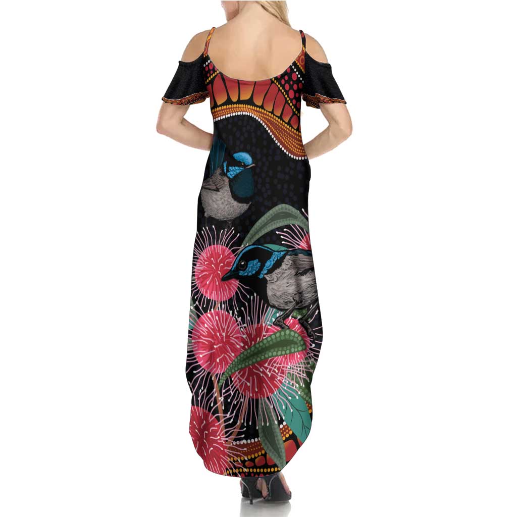Hakea Flower And Fairy Wren Australia Summer Maxi Dress Aboriginal Art