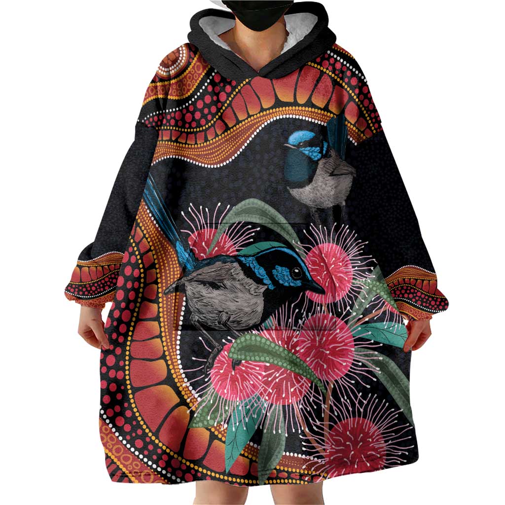 Hakea Flower And Fairy Wren Australia Wearable Blanket Hoodie Aboriginal Art - Vibe Hoodie Shop